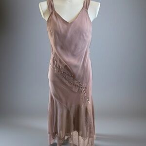 HYPE Mauve 100% Silk Slip Dress Beaded Detail Maxi Sz 8 Bohemian Coachella